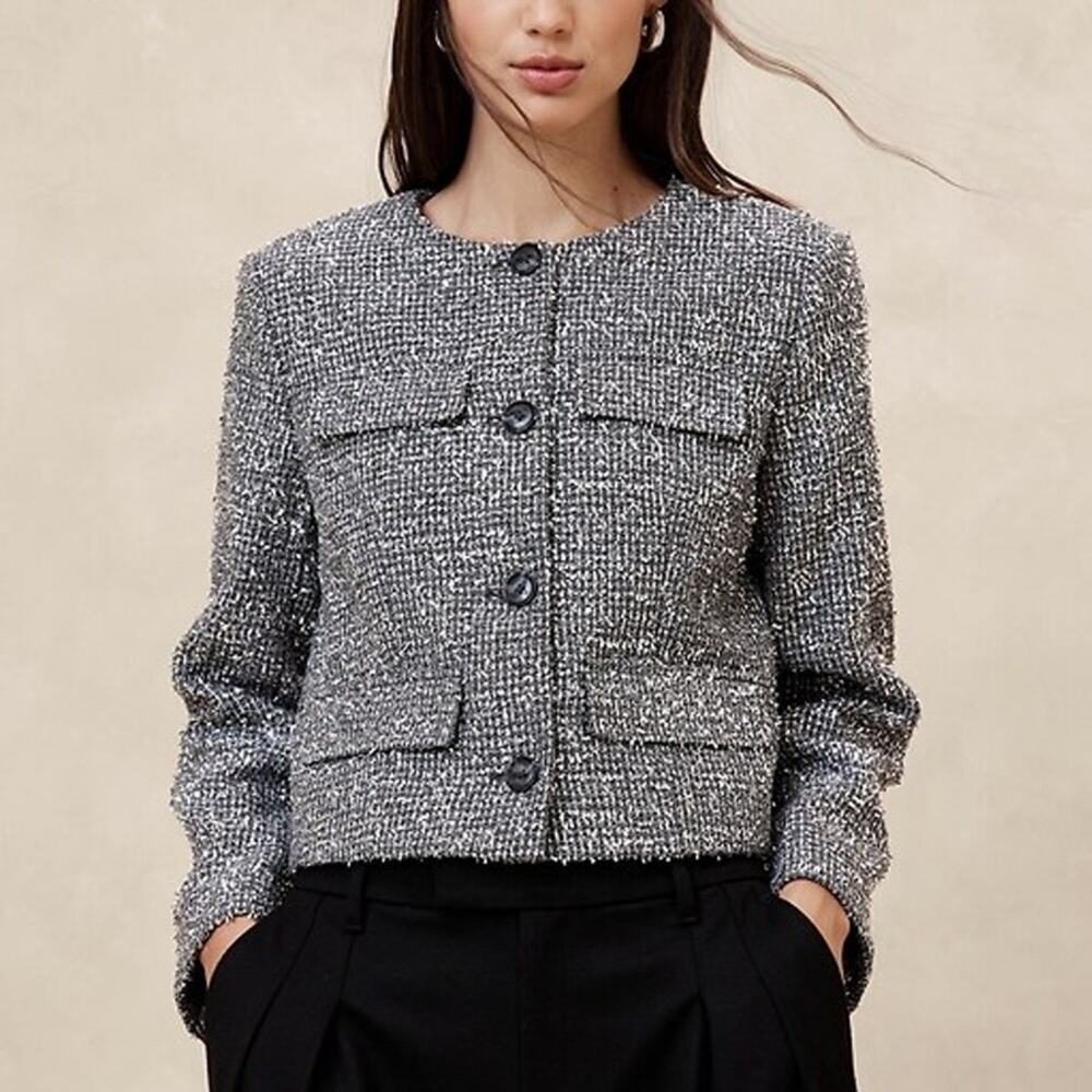 NWT NEW Banana Republic Metallic Silver Tweed Jacket + Mini Skirt Set